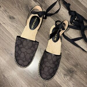 Coach Dark Brown Signature Espadrille Lace-Up Sandals